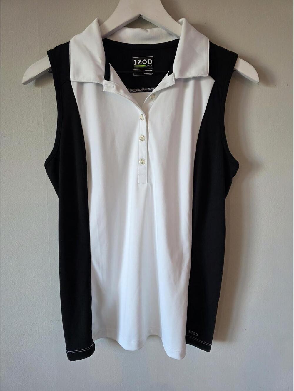 IZOD Golf Women’s Sleeveless Polo Shirt Black White Colorblock Size Medium